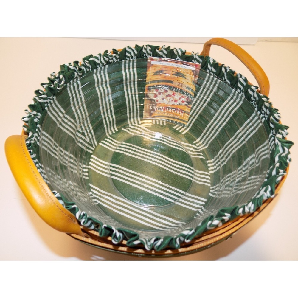 Popcorn Basket w/ Liner & Protector 1999 Christmas Holiday Longaberger GREEN - Picture 6 of 16